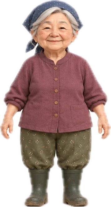 Grandma in a headscarf and rubber boots.