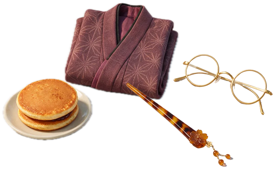 Dorayaki, a folded haori jacket, a tortoiseshell hairpin and gold-rimmed glasses.