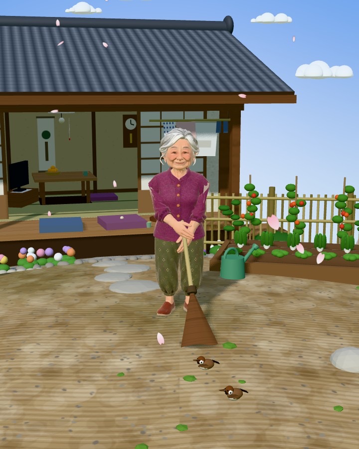 Grandma holding a broom in a garden of falling cherry petals.