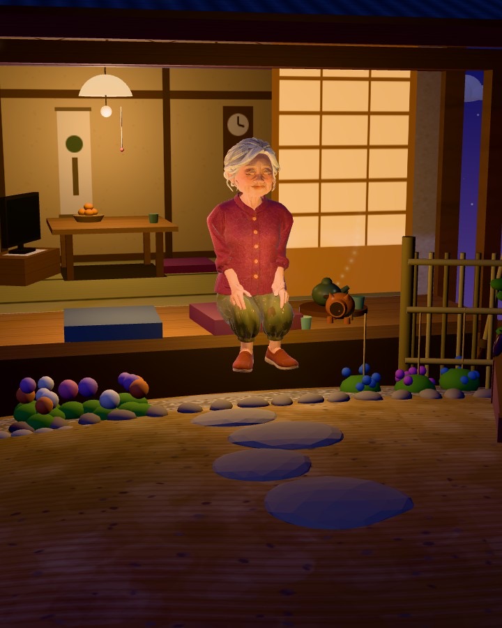 On a summer night, Grandma sitting on the lit veranda.
