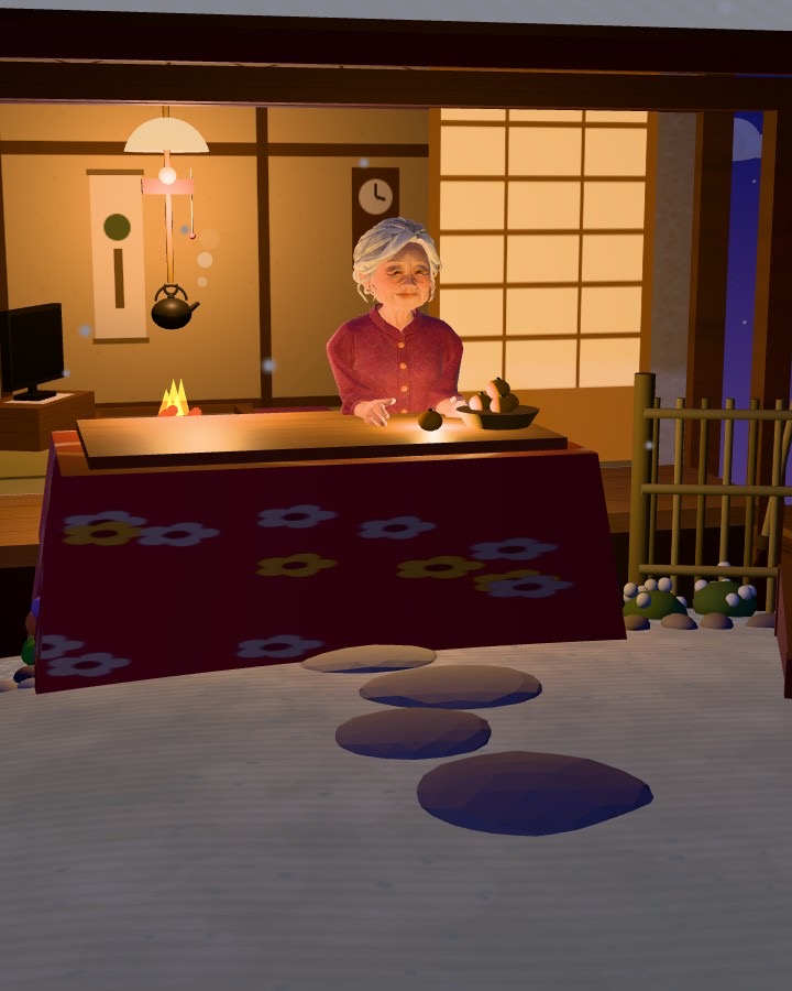 On a winter night, Grandma at the kotatsu on the veranda, a fire in the hearth behind her.